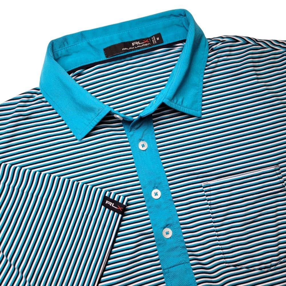 RLX Ralph Lauren Performance Panther Blue Striped Polo Golf Shirt M
